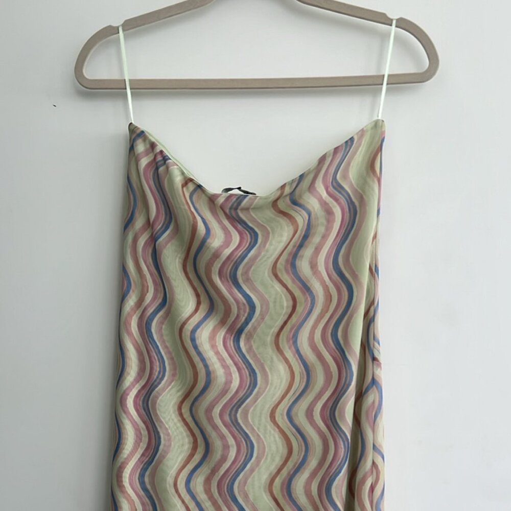 Zara Wave Printed Strapless Side Slit Tulle Maxi Dress, Size L